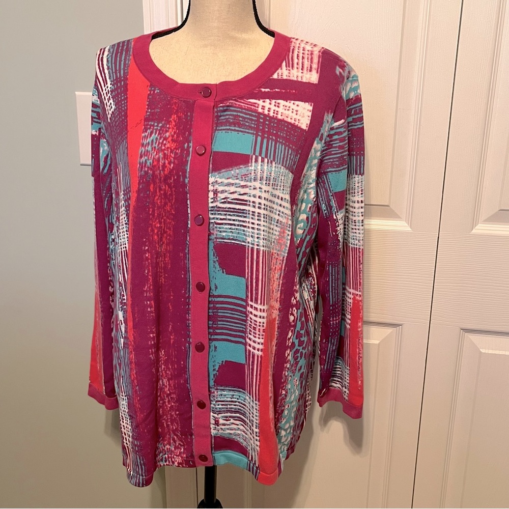 Bob Mackie Womens SZ 1X Pink Blue Long Sleeve Cardigan Sweater Full Art To Wear